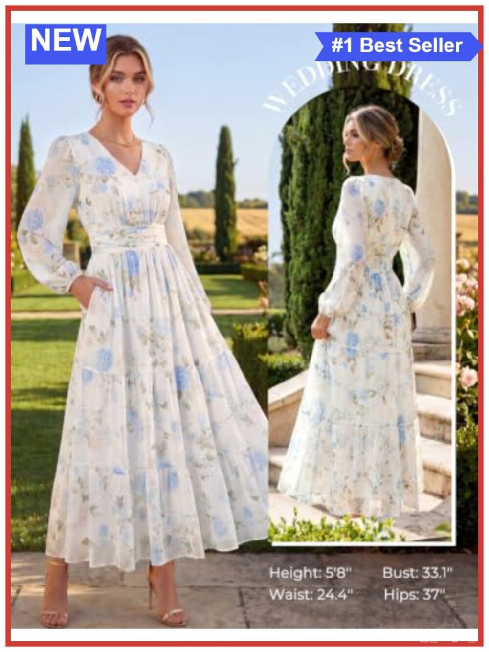Floral Maxi Dress V-Neck Lantern Sleeve Formal Wedding Guest Long Sleeve - Picture 2 of 6